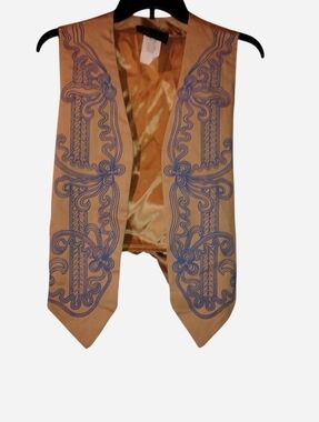 VTG 90s Susan Elise Graphic Print Vest - Blue & Tan Cotton - Made in USA - Med